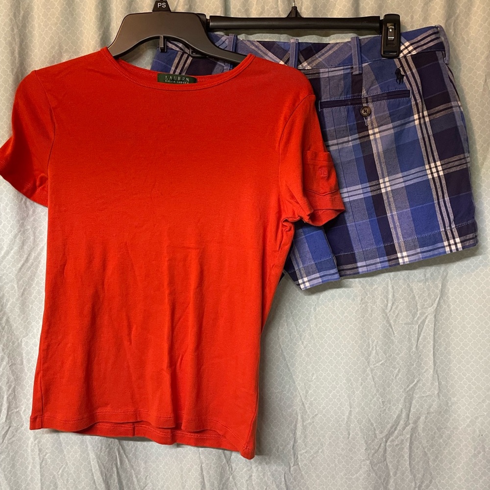Ralph Lauren polo orange Crewneck Tee with Blue plaid shorts